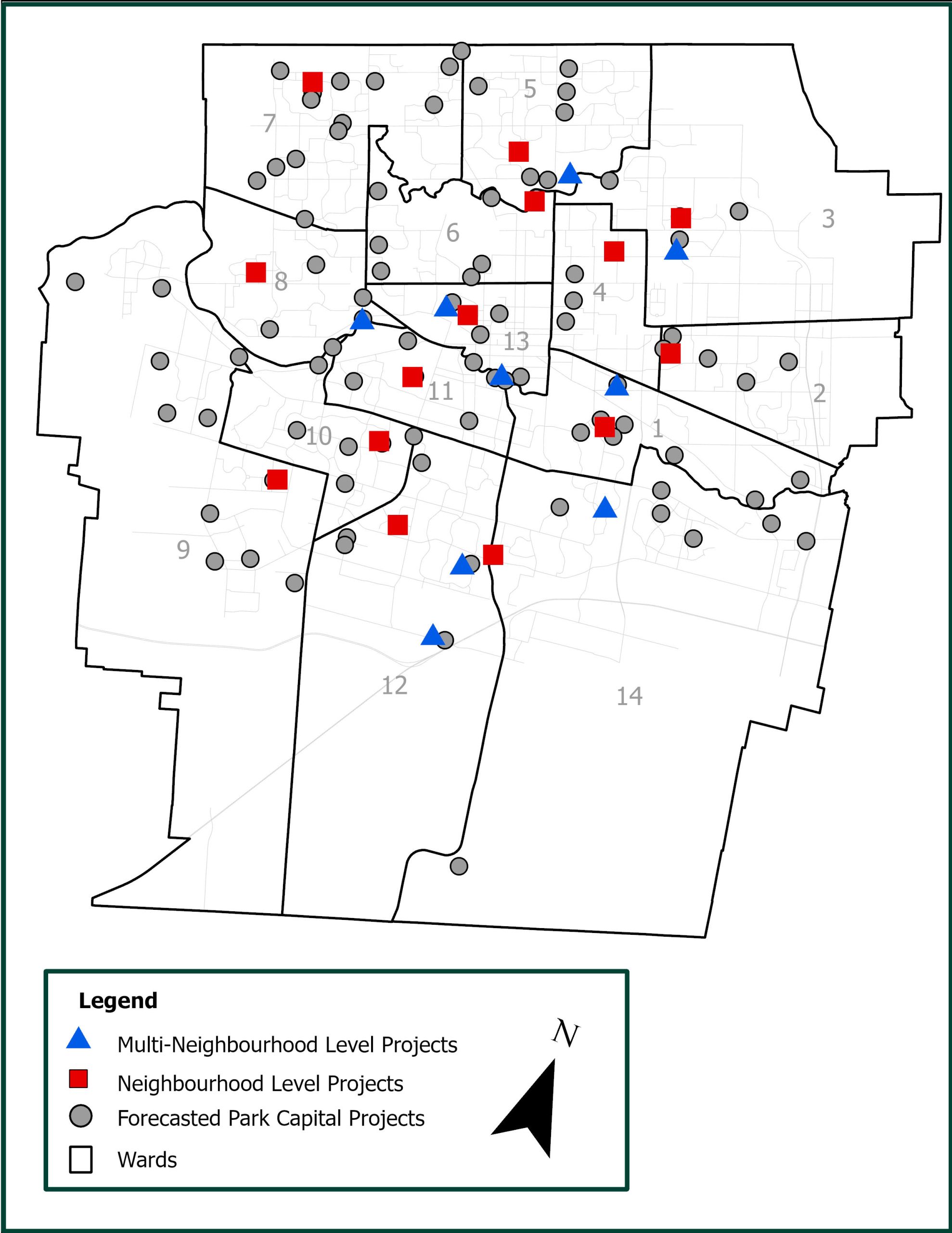 A map of the locations of Multi-Neighbourhood Level projects and Neighbourhood level projects a part of the Neighbourhood Parks Improvement Fund.