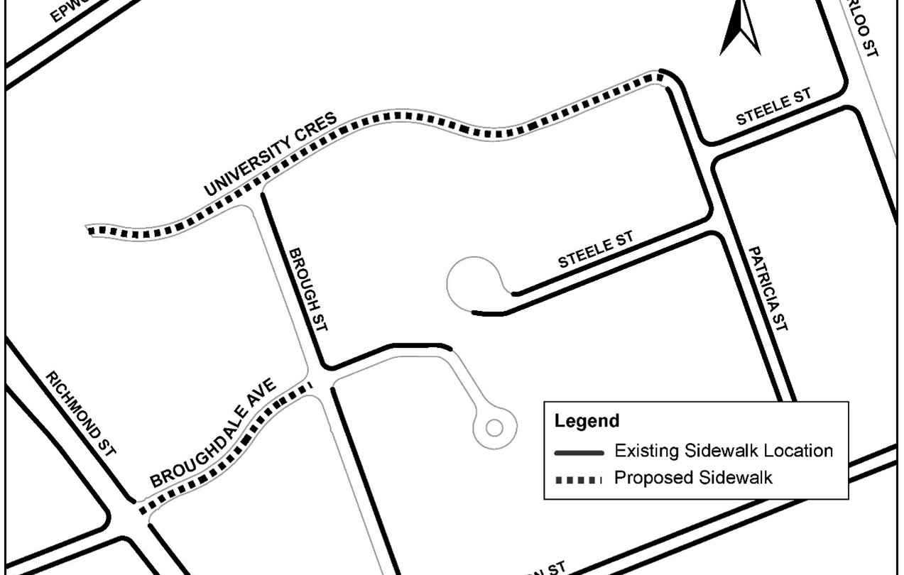 A map of the proposed sidewalk along Broughdale Avenue and University Crescent. For assistance, please contact cocc@london.ca
