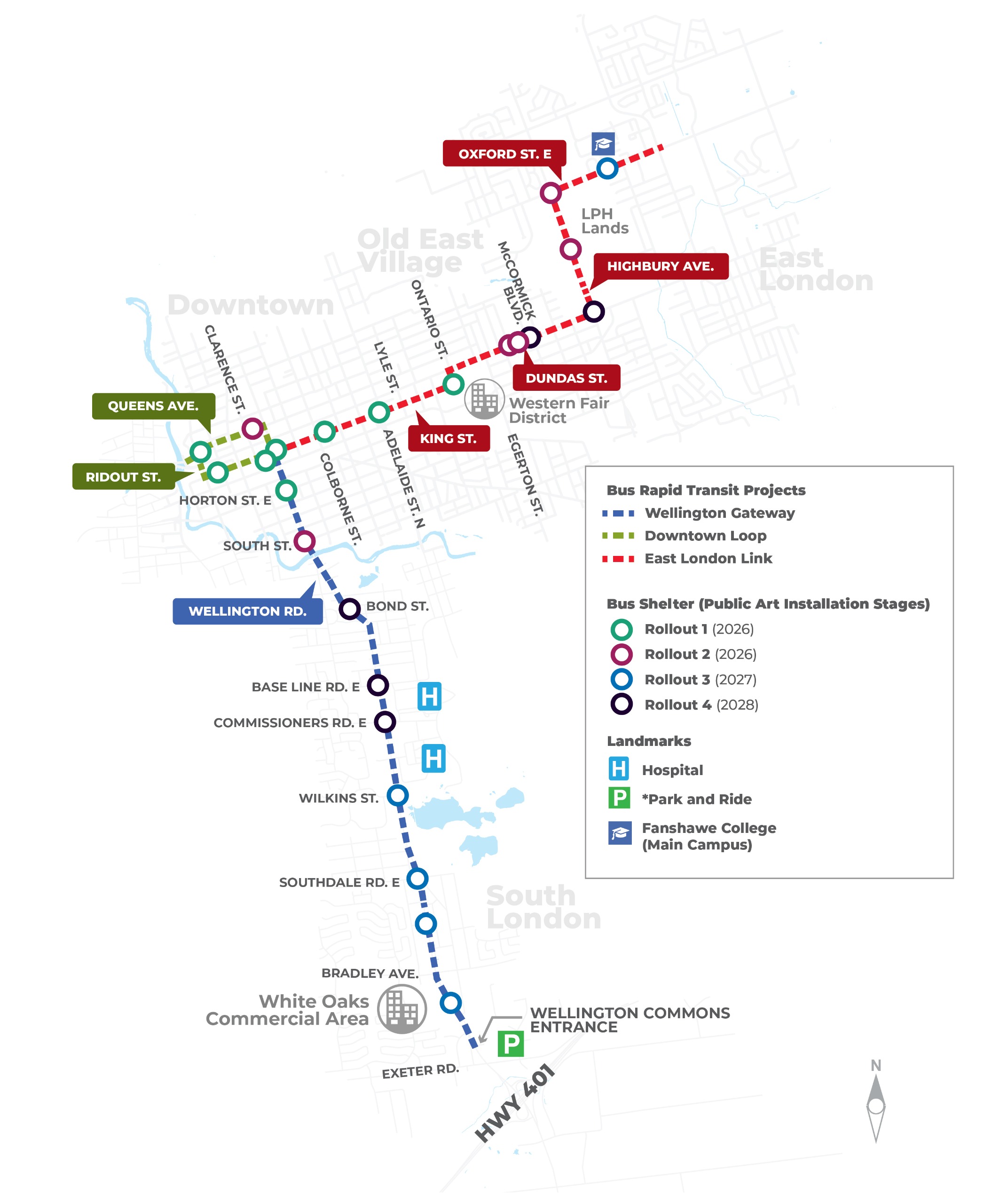 Map of Rapid Transit corridors showing the stages of public art installations across all planned and built shelters.