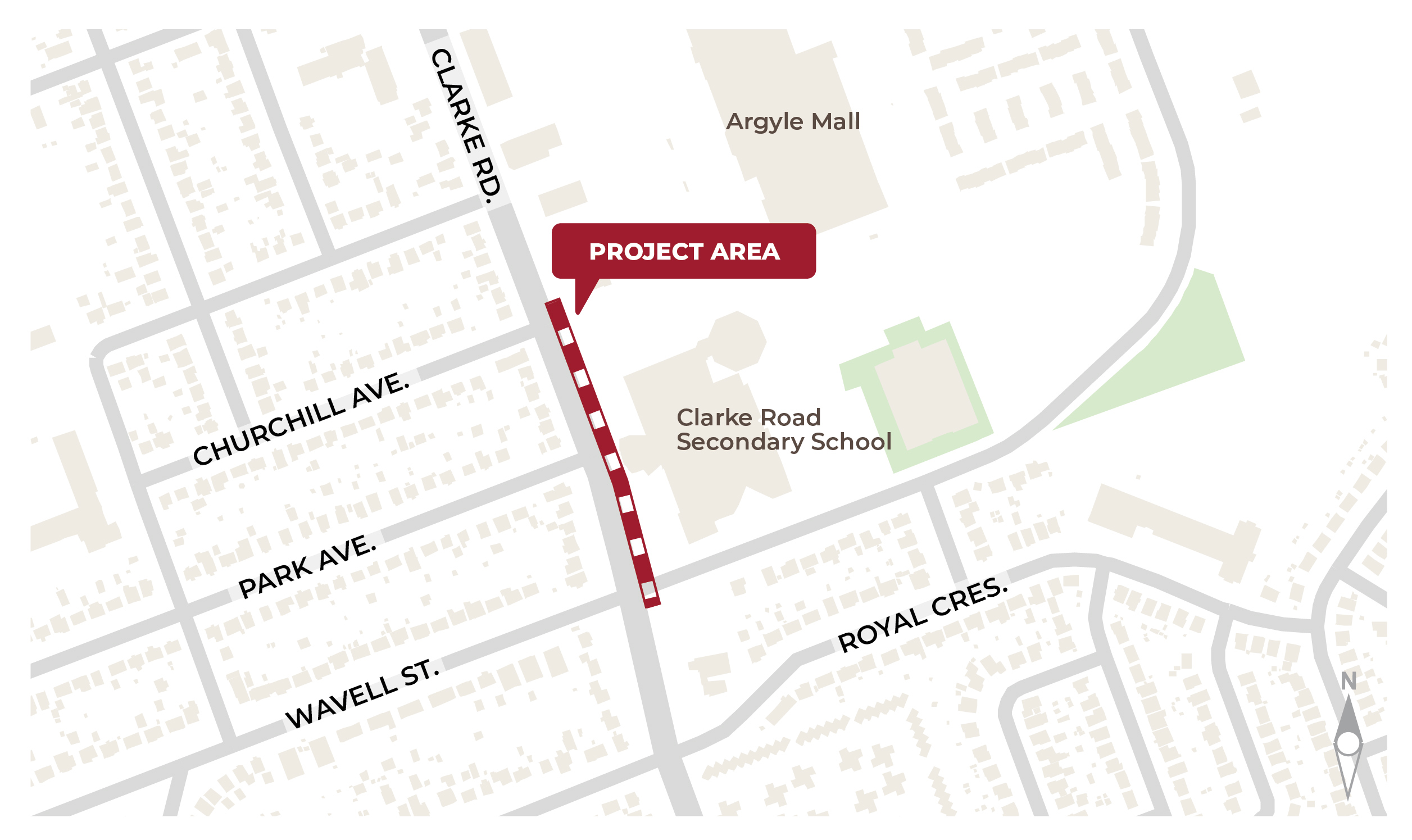 Above: The map identifies the approximate limits of the construction project area. Work is planned on Clarke Road between Wavell Street and the southernmost access to Argyle Shopping Centre (across from Churchill Avenue).