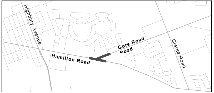 A map of the Hamilton Road and Gore Road Environmental Assessment. For more information, please contact Paul Yanchuk at pyanchuk@london.ca or by calling 519-661-2489 x 2563