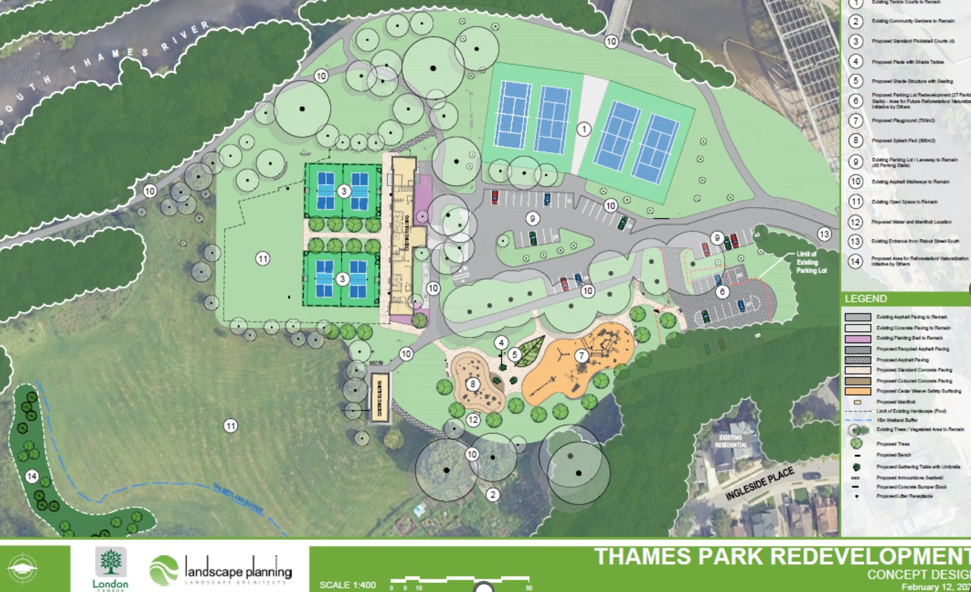 A map of the proposed improvements to Thames Park. Please contact cocc@london.ca for assistance. 