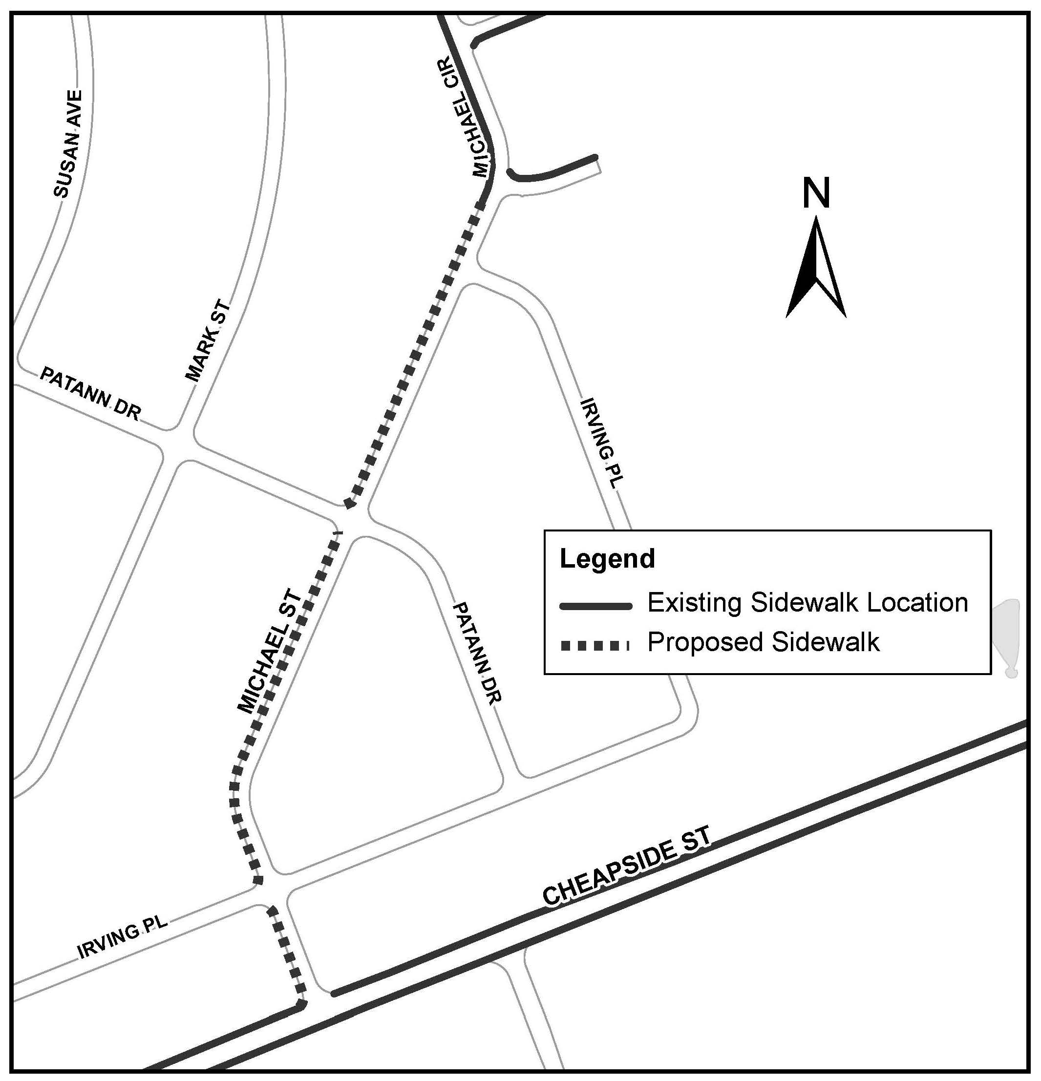A map of a proposed sidewalk on Michael Street. Please contact cocc@london.ca for assistance. 