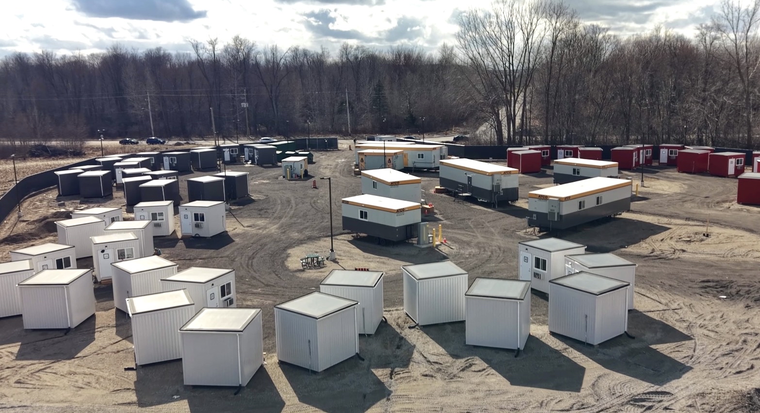 An aerial view of London’s Micro-Modular Shelter site at 3900 Cheese Factory Road, which includes 60 private units and shared support facilities.