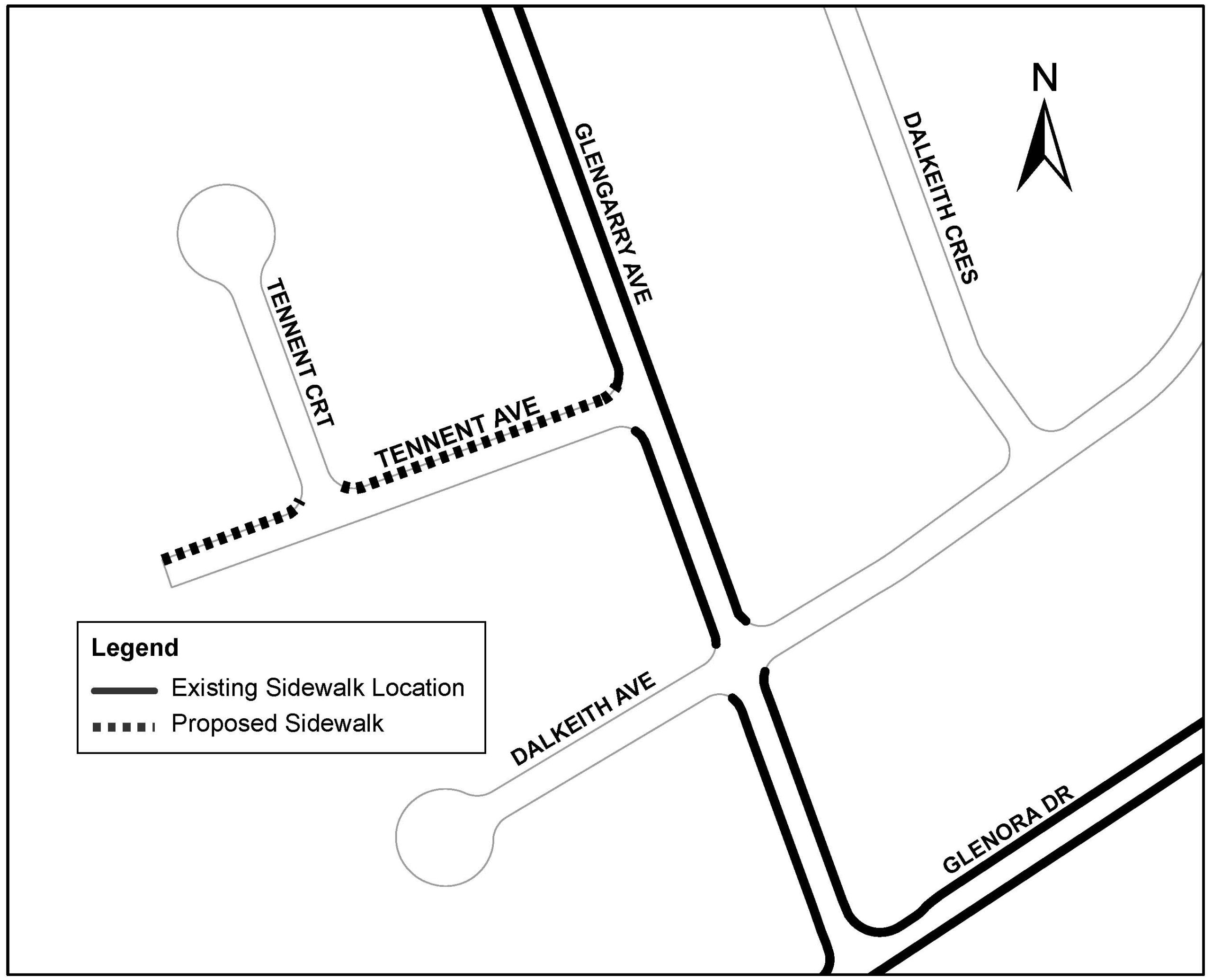 A map of a proposed sidewalk on Tennant Avenue. Please contact cocc@london.ca for assistance. 