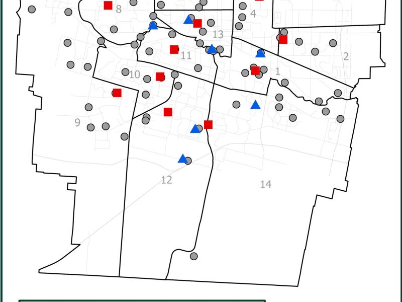 A map of the locations of Multi-Neighbourhood Level projects and Neighbourhood level projects a part of the Neighbourhood Parks Improvement Fund.